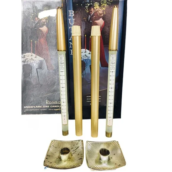 Vintage MCM Ronson Veraflames Gold Gas Candles with Stands in Original Box - Picture 4 of 9